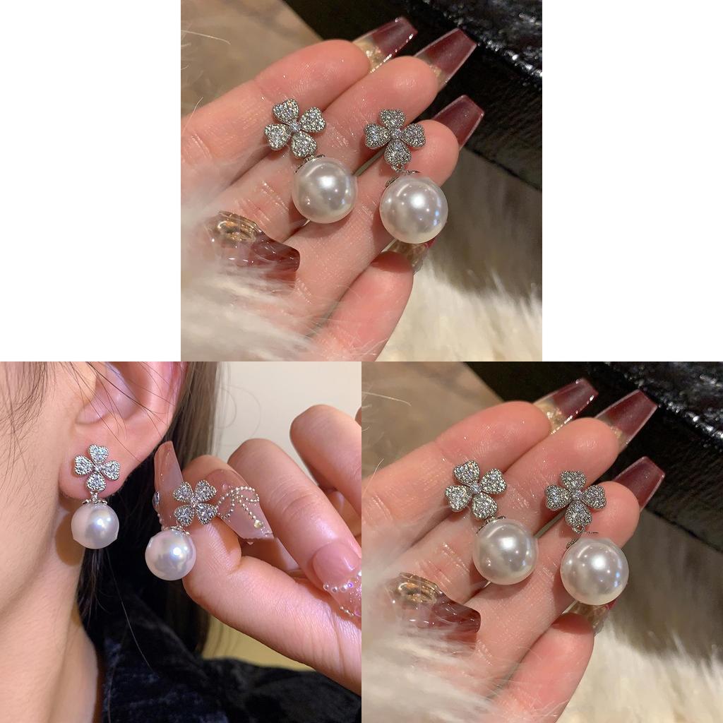Elegant Flower Pearl Drop Earrings With Rhinestone Detailing For Women