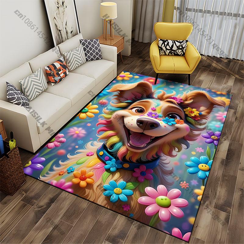Joyful Colorful Dog with Flowers Carpet Yoga Living Room Room Decor Children's Crawling Mat Doormat Area Rug Games Mat