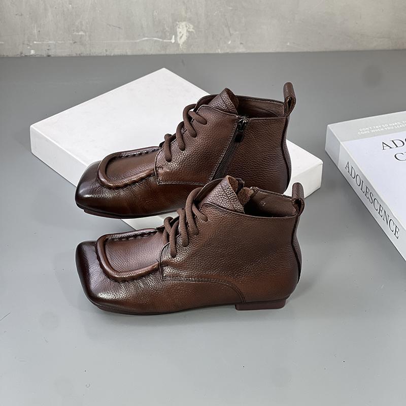 Early Autumn Retro Square-headed Boots Women's Short Tube Flat-bottomed Martin Boots 2025 Autumn New Versatile Soft-soled Mother Single Boots