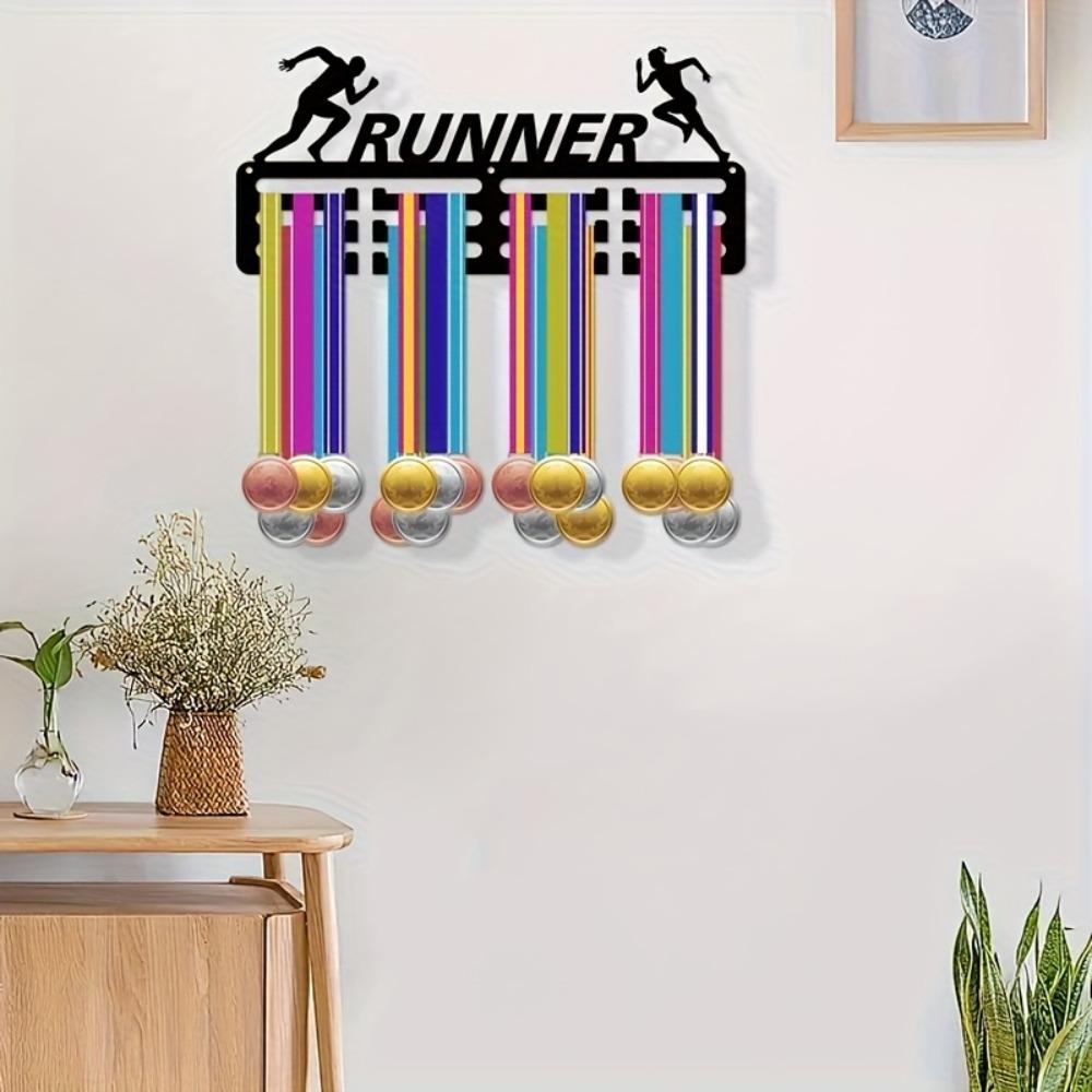 1pc Iron Running Medal Holder Wall Mount, 11.4x5.1 Inch Metal Display Rack with Hooks for Marathon Race Finishers, Modern Home Decoration