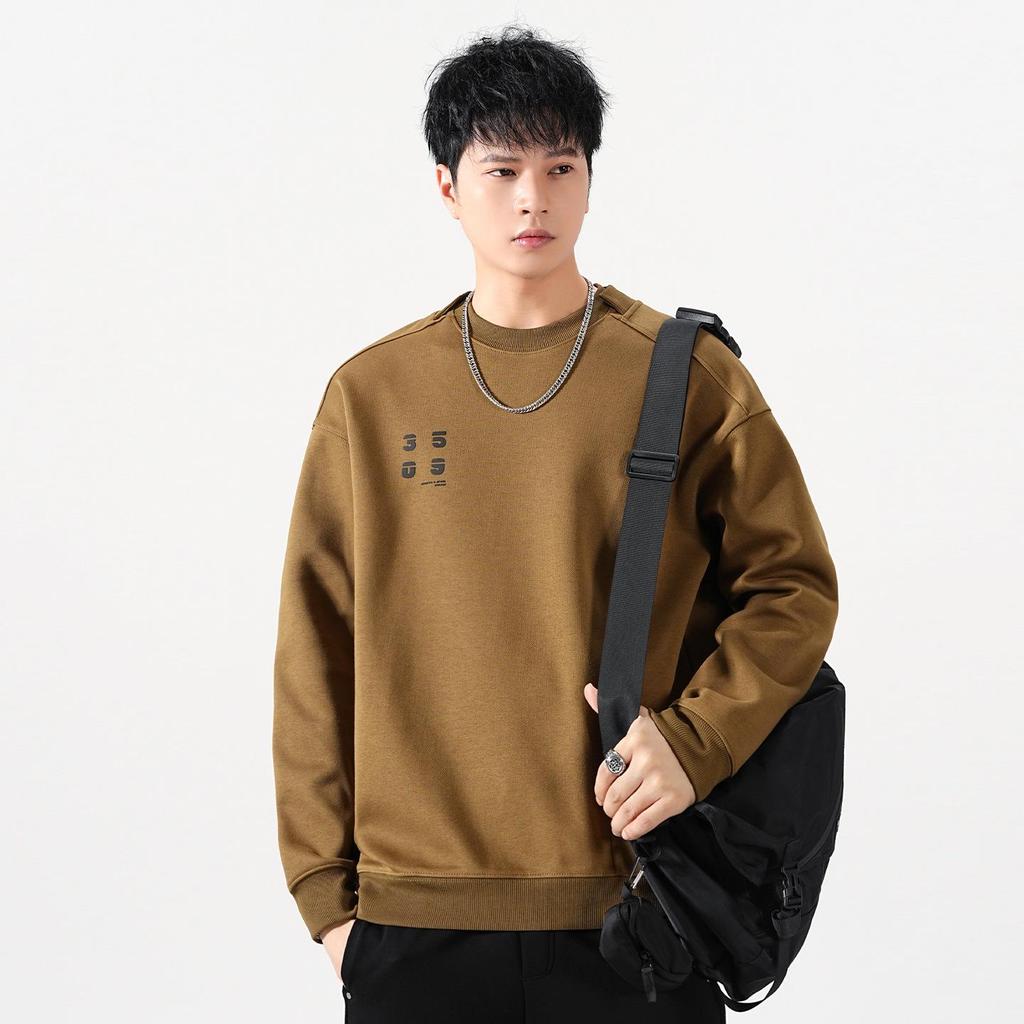 Men's Autumn Heavyweight Minimalist Double-Layer Collar Sweatshirt - Japanese Style, Spliced Round Neck, Trendy Loose Fit