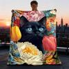 1pc Black Cat Floral Print Print Outdoor Blanket, Lightweight Polyester,