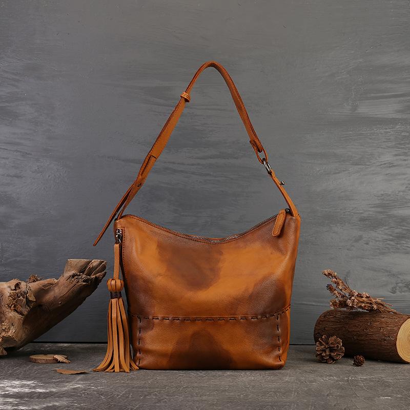 Johnature Retro Handmade Women's Bag High Capacity Genuine Leather Solid Color Tote Bag Commuter Shoulder Bag