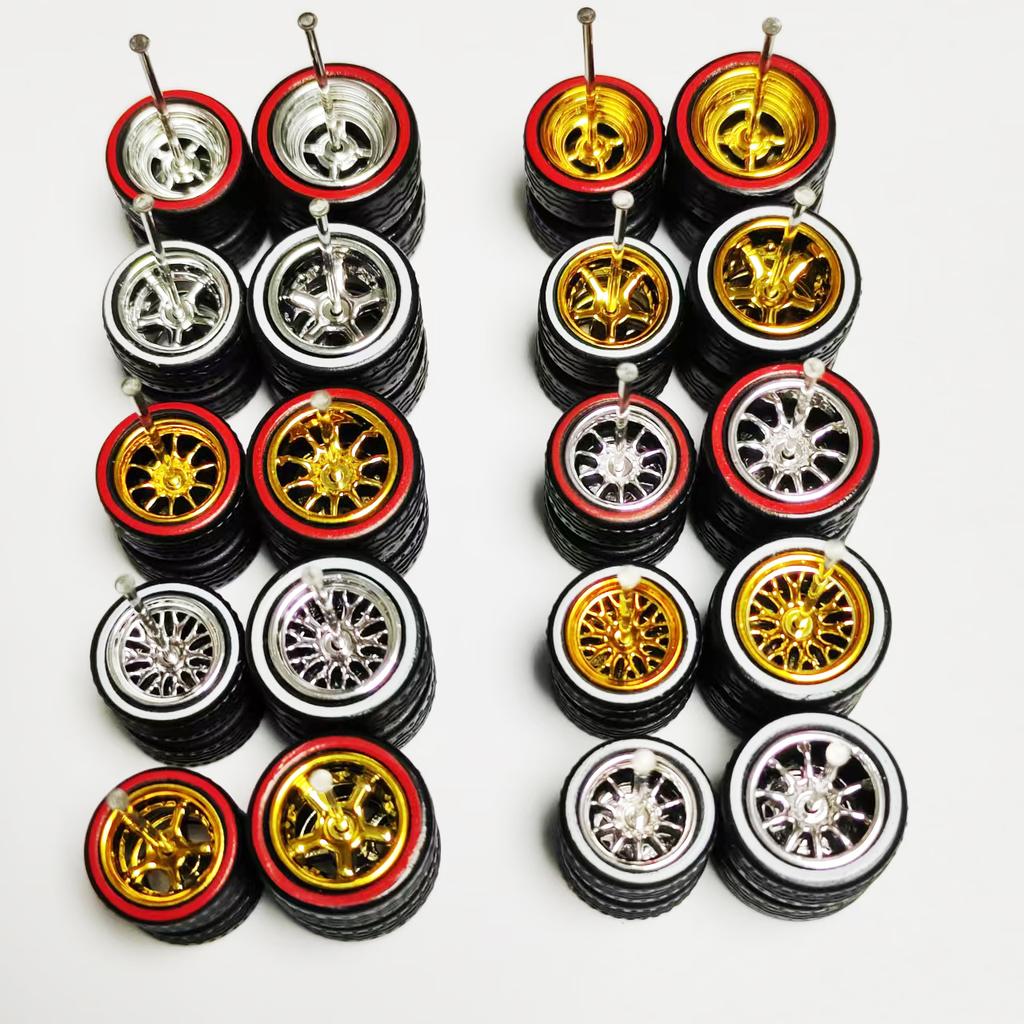 10 Sets 10.8mm 12.8mm 1/64 Alloy Car Staggered Wheels Front Small Rear Large Wheel Progressive Drag Tires Advan for Hot Wheel