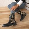 Fashion Graffiti Patchwork Cowboy Boots Woman  Autumn Winter PU Leather Ankle Boots Women Thick Heeled Slip On Black Booties