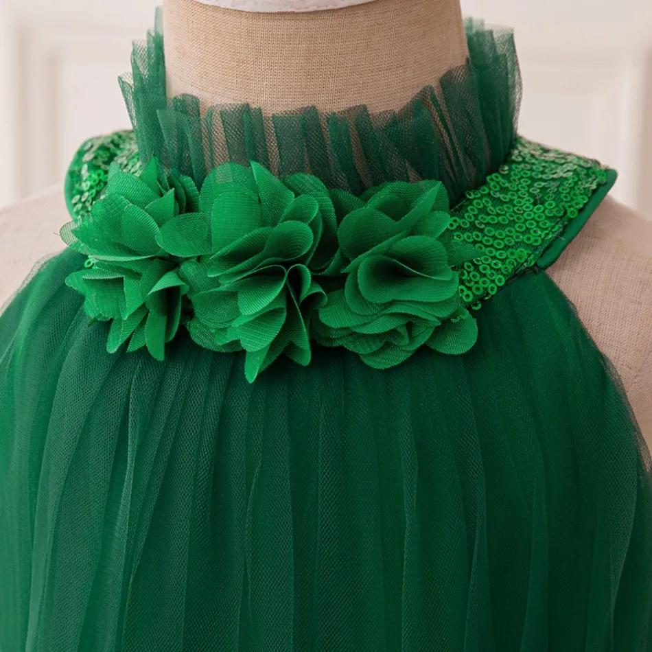 Children Christmas Dress Luxury Girl Christmas Outfits Sleeveless Mesh Bow Tutu Fashions Green Elegant Festive Party Princess Dress
