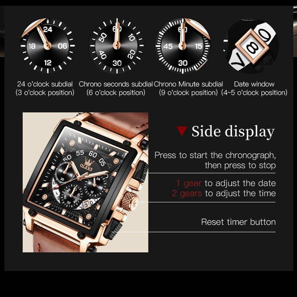 Male Watches Square Quartz Watch For Men Waterproof Leather Strap Chronograph Wristwatch Luminous Relogio Masculino