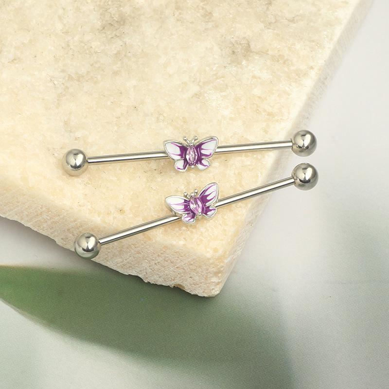 14g Industrial Barbell Pearl & Butterfly Stud Earrings with External Thread for Double Earlobe and Ear Bridge Piercing