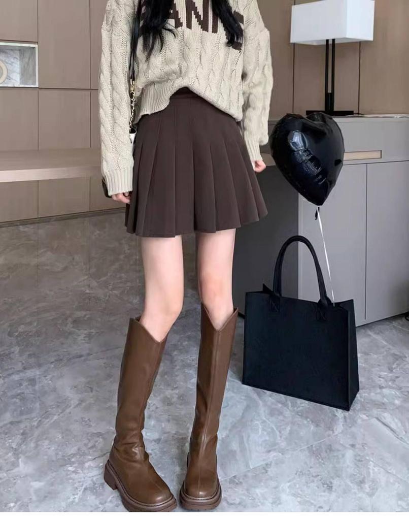 Women's Plus Size Woolen A-Line Pleated Skirt in Khaki - High Waist, Short Length for Spring and Autumn