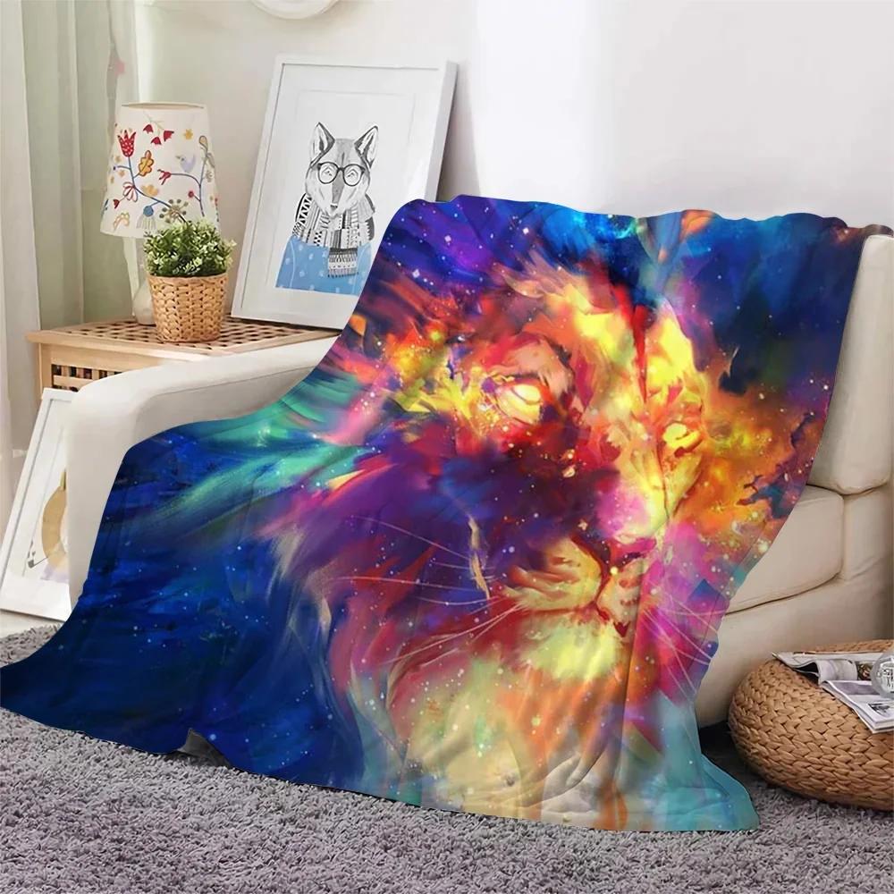 Colourful Lion Pattern Flannel Throw Blanket King Queen Size Super Soft Warm Blanket for Bed Sofa Couch Lightweight Kid Boy Gift