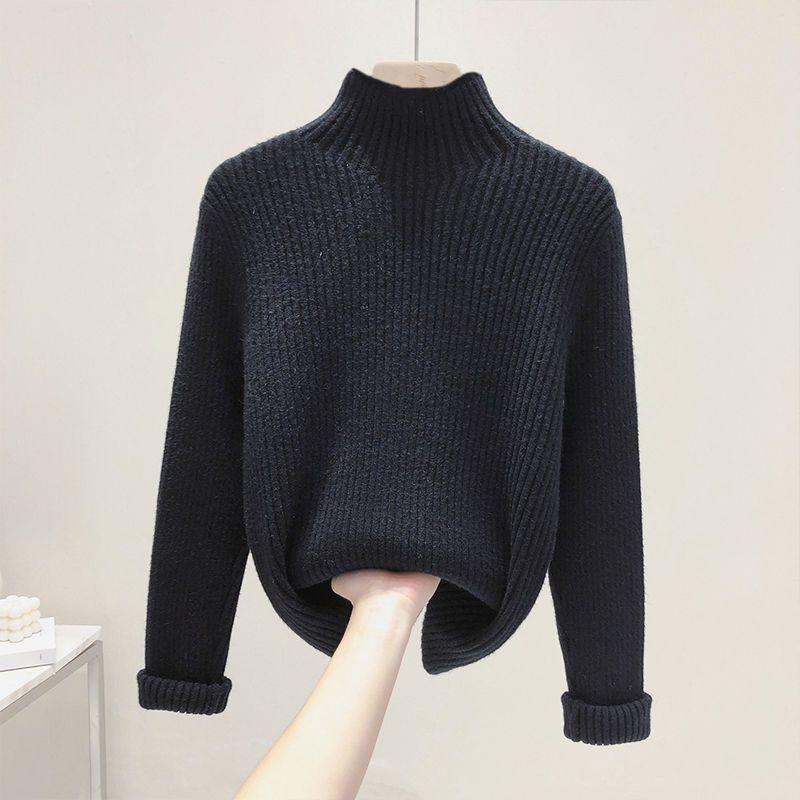 

Women s Gray Thickened Knit Base Layer Sweater: Half-High Neck & Long Sleeves, Perfect for Autumn/Winter. L (for 110-125 lbs) чёрный