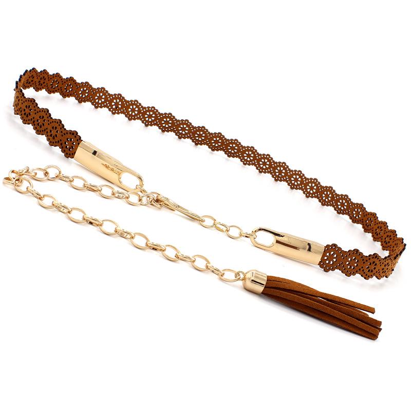 Women'S Ethnic Style Fringed Metal Hook Chain Waist Dress Belt Women'S Decorative Thin Belt Embossed