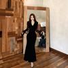 French Women's Flavor V-neck Streamer Lace Long-sleeved Dress Women's Spring and Autumn New Waist and Thin Hip Skirt