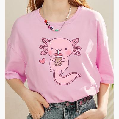 Bubble Tea Women Tshirts Pink Axlotl Kawaii Print T-shirt Street Hip Hop Crop Top Cool Summer Tee Shirt Cotton Fashion Clothing