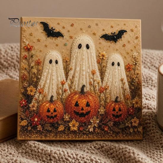 Halloween Room Decoration Faux Pearl Art DIY Kit, Spooky Cute 3D Beads Painting Crafts Stress Relief Project for Adults Beginners, Seasonal Wall with
