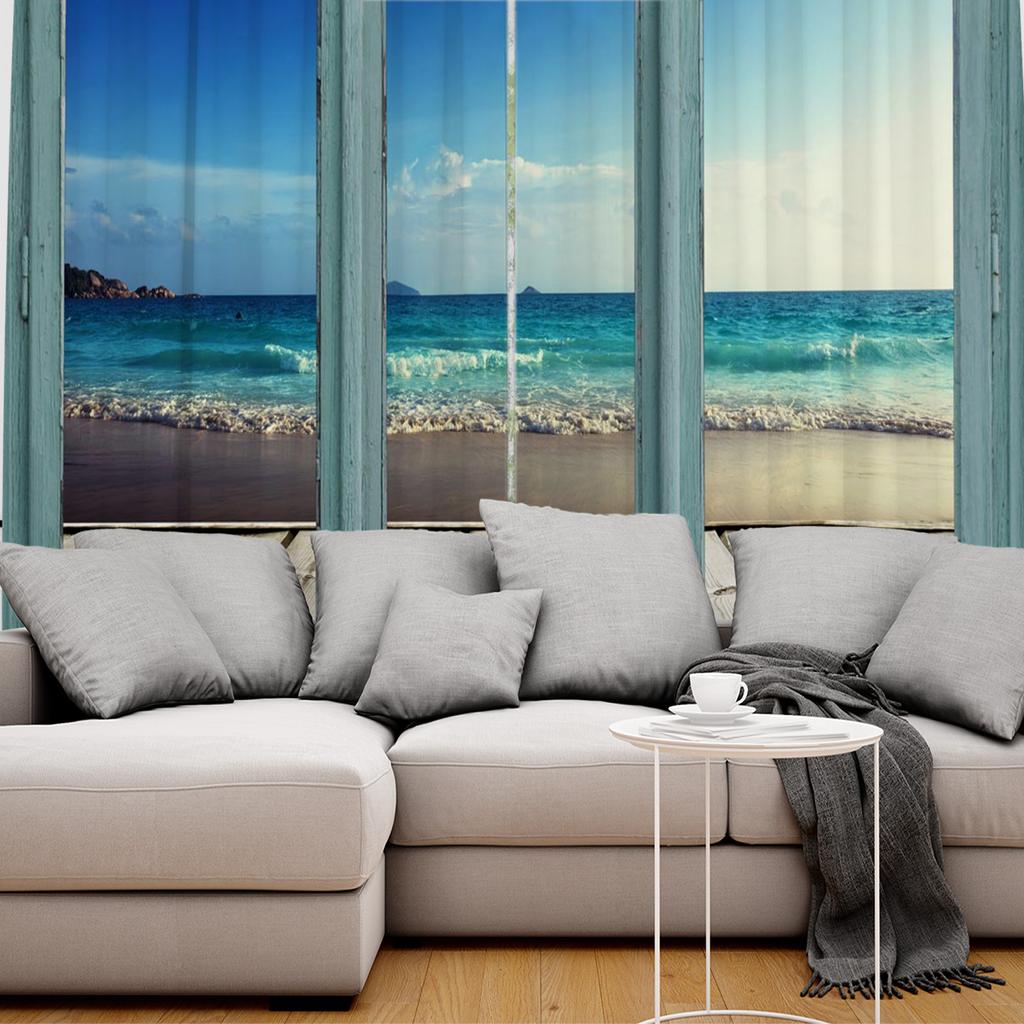 Windows Sea Beach Blue Sky White Clouds Luxury Home Curtains Modern Home Supplies Living Room Bedroom Custom Curtains