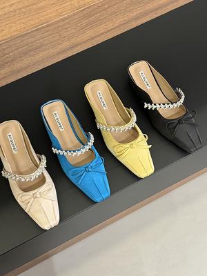 Women's Slip-on Flats with Bow Decoration Female Mules Low Heel Party Pumps Dress Chunky Heels Ladies Shoes Zapatos De Mujer