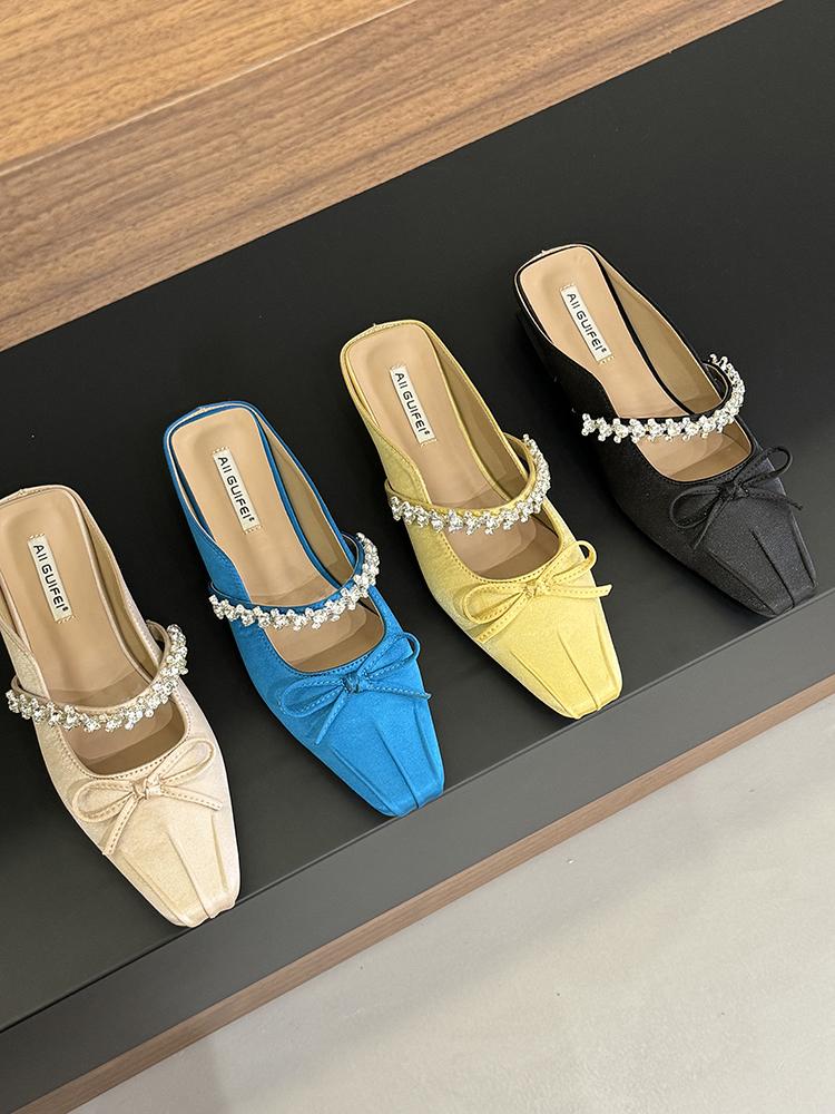 Fashion Women's Slip-on Flats with Bow Decoration Female Mules Low Heel Party Pumps Dress Chunky Heels Ladies Shoes Zapatos De Mujer