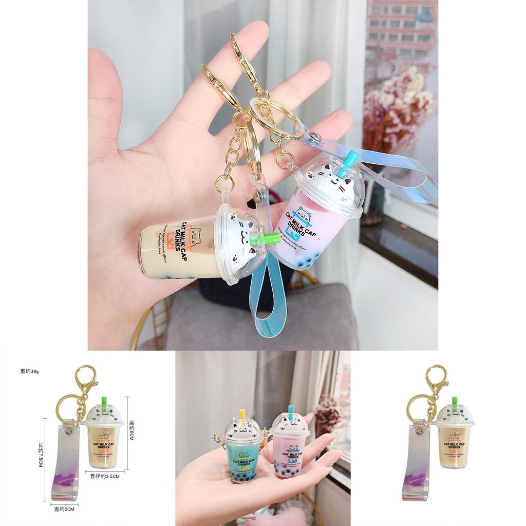 Adorable Cartoon Cat Milk Tea Keychain Cute Acrylic Keyring For Couples And Friends