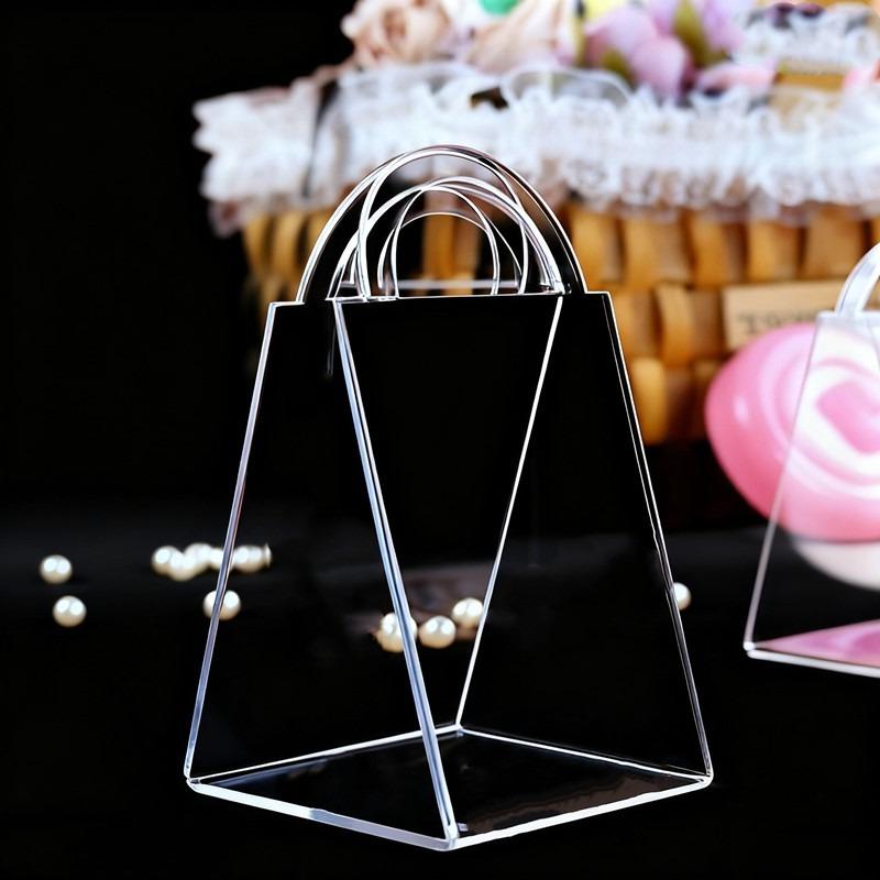 20pcs Fresh Flowers Handle Box Plastics Triangle Transparent Gift Boxes Acrylic Portable Arrangement Flower Bag Use Event Party