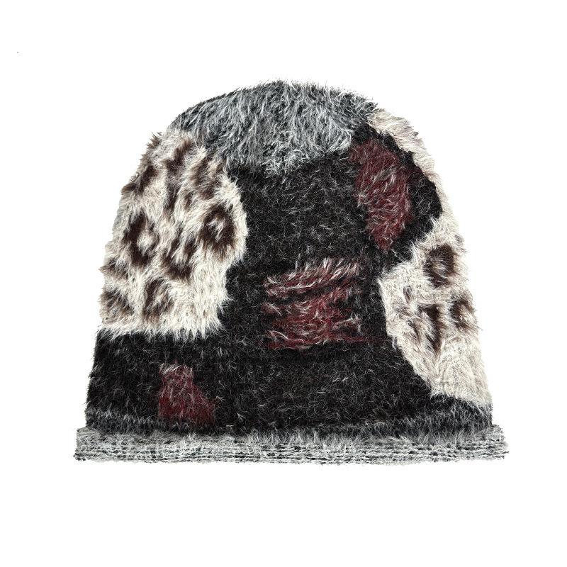 Spring and Autumn Warm Retro Pulled Leopard Print Versatile Big Head Circumference Pile Hat Woman