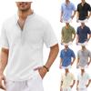 Men Linen Blend Henley Neck Short Sleeve Shirt With Chest Pocket Multi Color Casual Summer Top