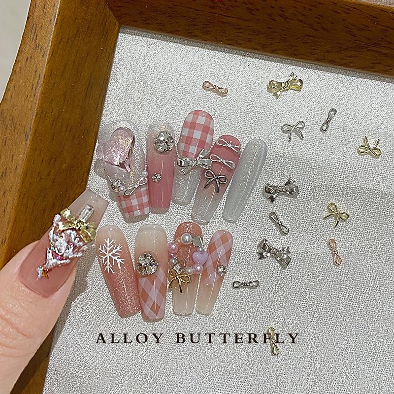 10Pcs Kawaii 3D Silver Gold Bowknot Bow Ballerina Girl Alloy Pearl Nail Art Diy Nails Accessories Decoration Charms
