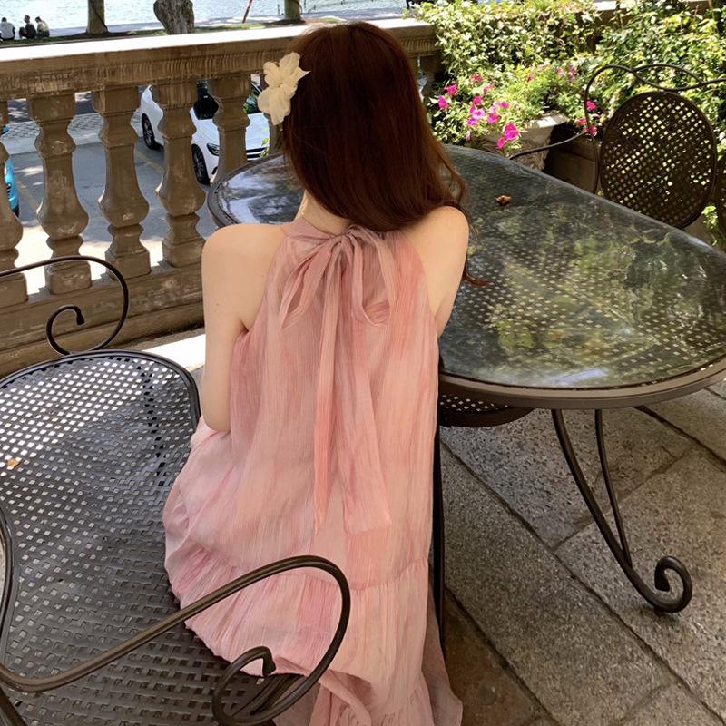 Coffee break French neck dress fairy summer temperament high sense seaside vacation beach dress