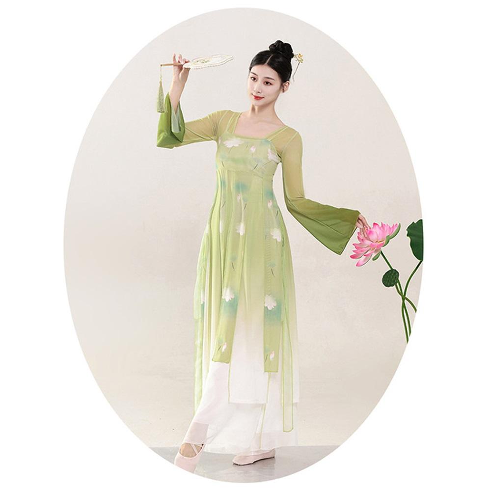 Verbessertes Hanfu Klassisches Tanzkostüm für Damen, Fließendes Chiffon Ruqun Set mit Lotusdruck, Tanzkleidung im Tang-Dynastie-Stil für Bühnenauftritte
