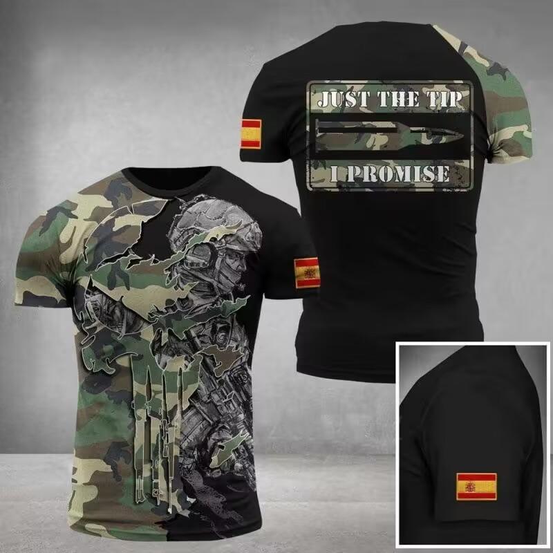 Summer Round Neck 3D Spanish Flag Veteran Print Top Fashionable Casual Short Sleeved Men's T-shirts