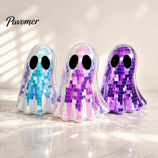 Reflective Mosaic Art Disco Ghost Tabletop Ornament, Iridescent Mirror Figurine, Retro Holiday Atmosphere Ornament Halloween Party Decor, Cute Spooky