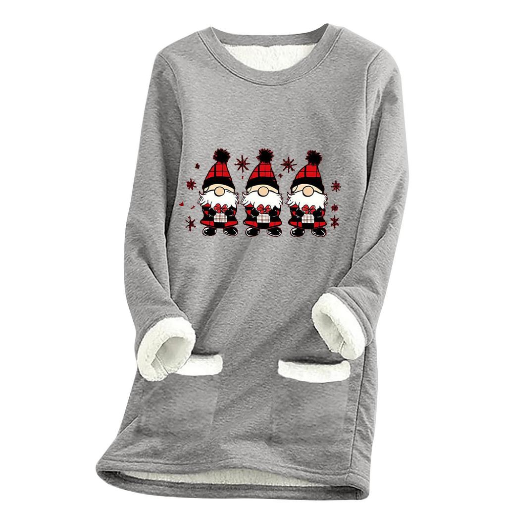 Ladies' Loose And Comfortable Round Neck Christmas Print Thick With Pockets Long Sleeved Top