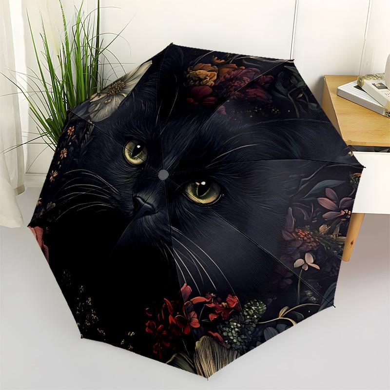 1 Stück Schwarze Katze Blumenmuster Automatischer Öffnungs-/Schließ-Faltregenschirm, Kompakter Tragbarer Reise-Regenschirm, Perfekt für Geburtstag/Weihnachten, Niedlicher Regenschirm