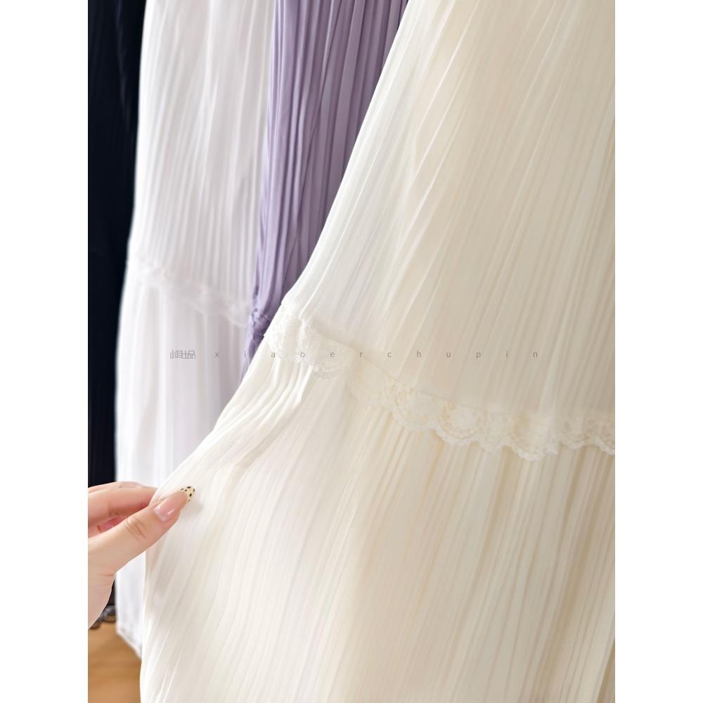 Dimanaf 2025 Summer Women New Skirts Chiffon Solid Lace Pleated Elastic Waist Mesh Elegant Skirts