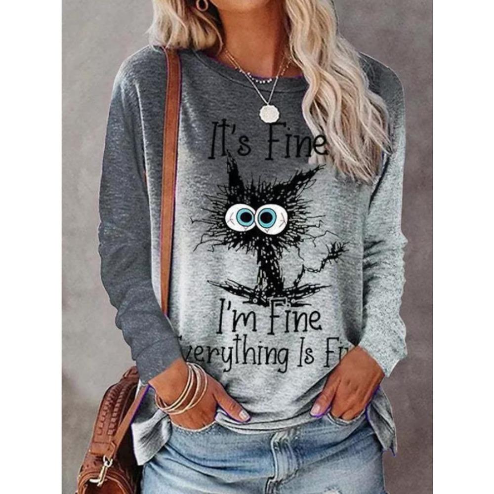 Mode Dam Långärmad Casual O-ringning Söta Katt Tröjor Toppar 3D-tryck Kläder Djur Pullovrar Kawaii Flickkläder Toppar