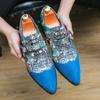 Luxury Designer Mens Dress Shoes Men Male Charm Blue Suede Pattern Patchwork Monk Strap Shoes Men Formal Wedding Loafers