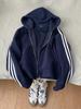 Women's Early Autumn Hooded Sweatshirt Jacket - 2025 Korean Style, Loose Fit, Three-Stripes Design