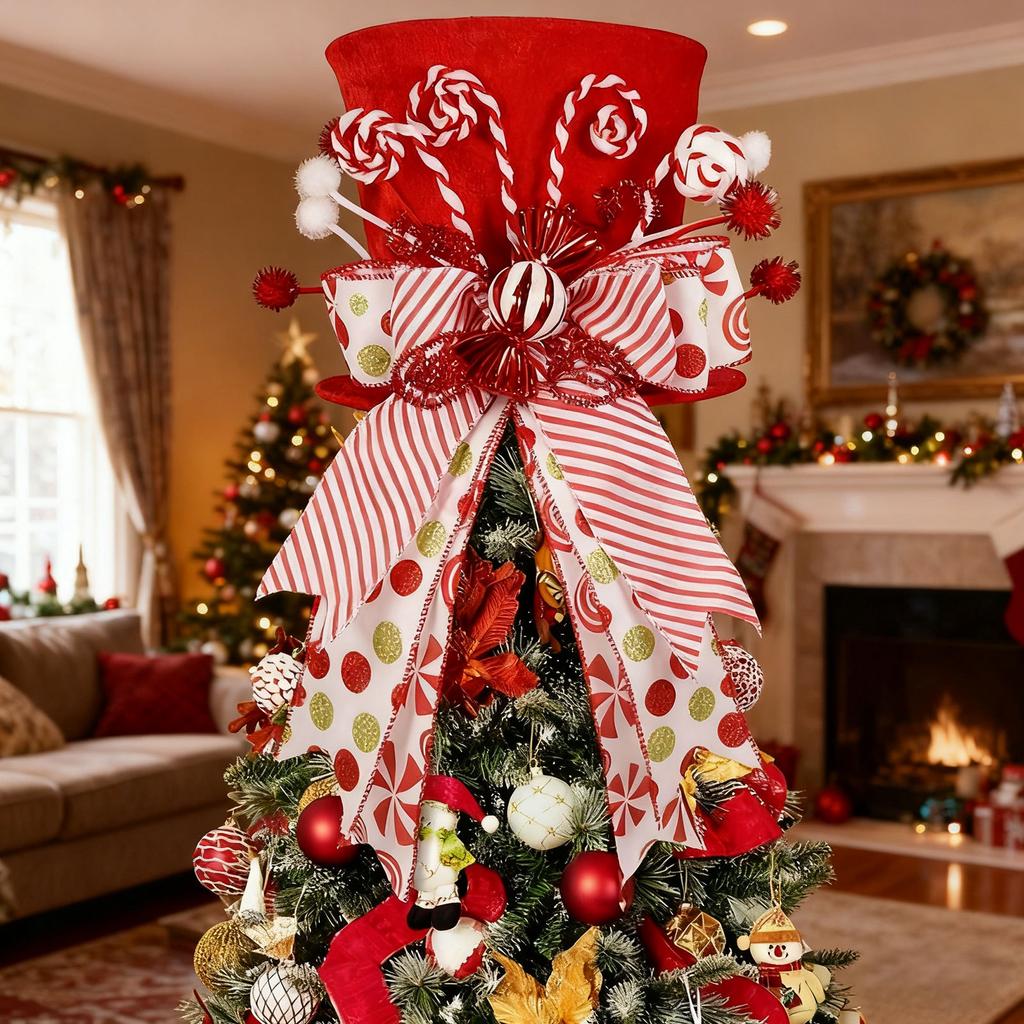 Christmas Hat Tree Top Star Christmas Tree Top Decoration Hat Retractable Spring Bow, Beautiful Christmas Tree Decorations