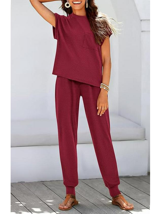 2026 Sommer Damen Zweiteiliges Gestreiftes Jogging-Set: Kurzarm-Oberteil & Lange Hose