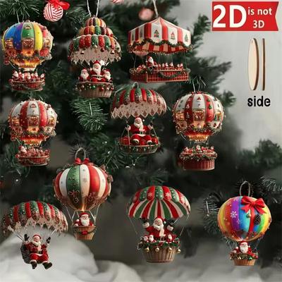 10 db Karácsonyi Fa Hőlégballon Mikulás 2D Lapos Fa Medál Karácsonyfa Dísz Tökéletes Ünnepi Ajándék Dekoráció