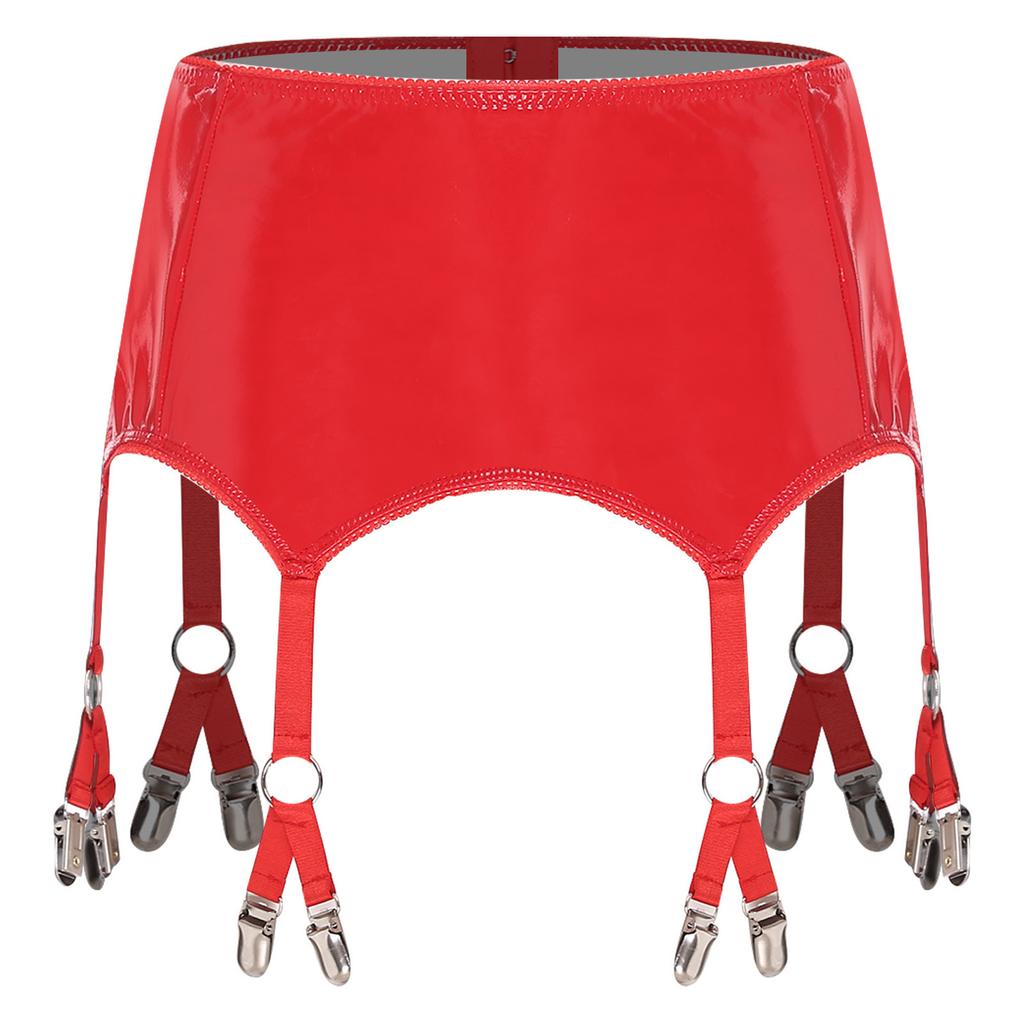 Womens Glossy PU Garter Belt Showing Butt Suspender Straps Metal Clips Extra Miniskirt Waist Belt