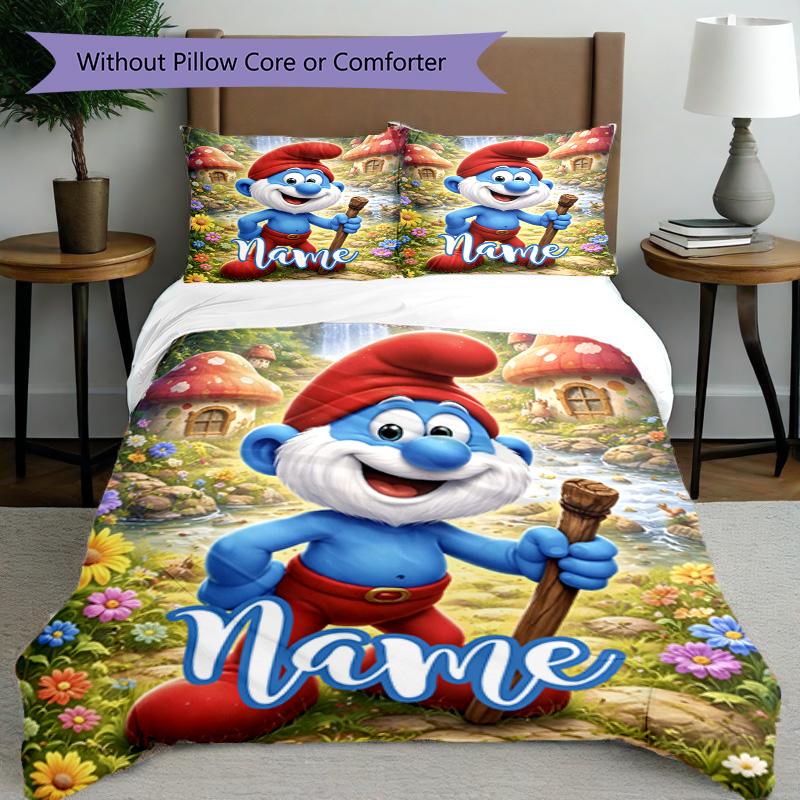 3pcs Duvet Cover Set (1*Duvet Cover + 2*Pillowcase, Without Core), Custom Name Blue Smurfs Pattern Bedding Set, Home Bedroom Decor Gift