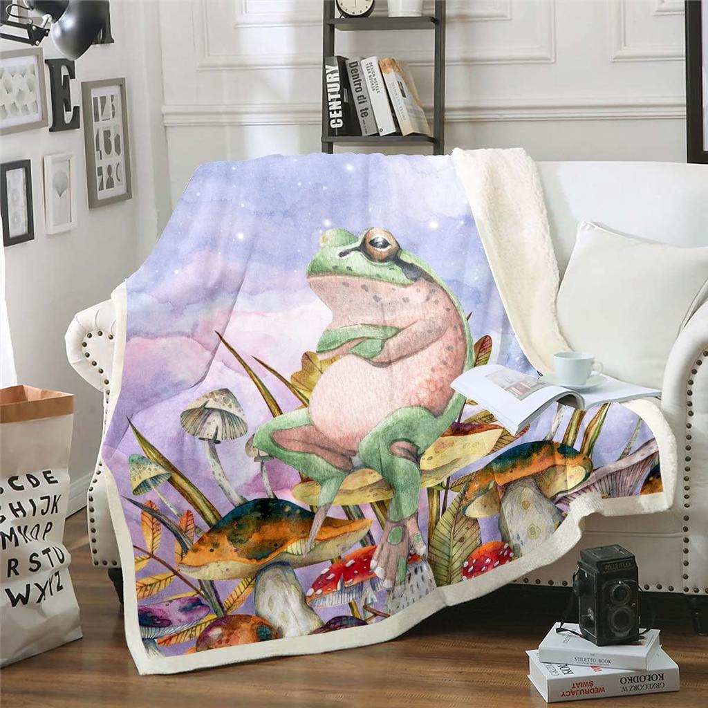 Cartoon Frog Mushroom Blanket Lovey Green Animal Flannel Throw Blankets for All Season Botanical Plush Soft Bed Sofa Blanket