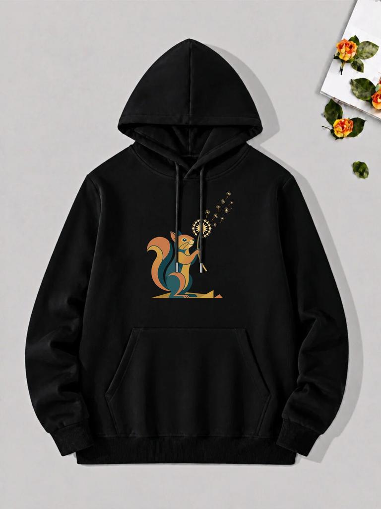 unisex Squirrel & Dandelion Print - Autumn Harvest Festival Pullover Hoodie with Kangaroo Pocket, Drawstring Hood, Warm Fall Winter Streetwear, Casual