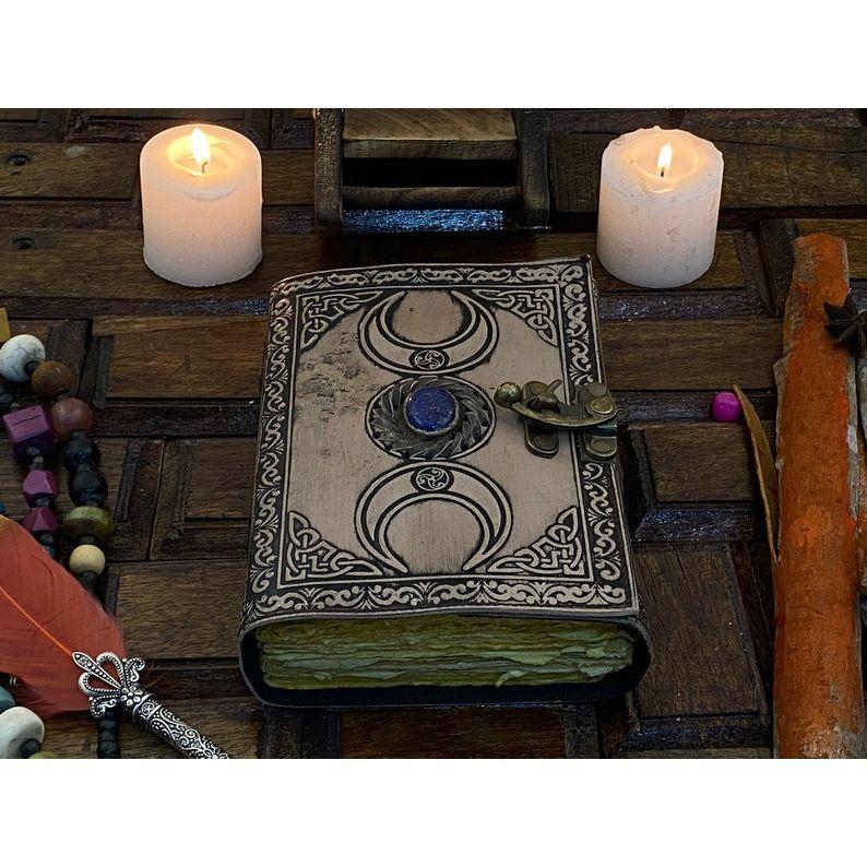 Triple Moon Goddess Vintage leather Journal blank spell Book of shadows Grimoire journal witchcraft supplies Wiccan journal
