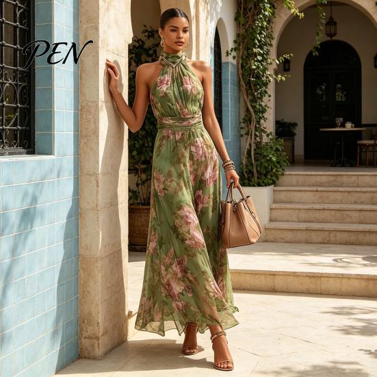 Abito Maxi Allungante con Stampa Floreale in Chiffon per Donna, Scollo all'americana Senza Maniche con Arricciature, Gonna Lunga Drappeggiata, Collo Alto per Ospite di Matrimonio, Cocktail, Sera