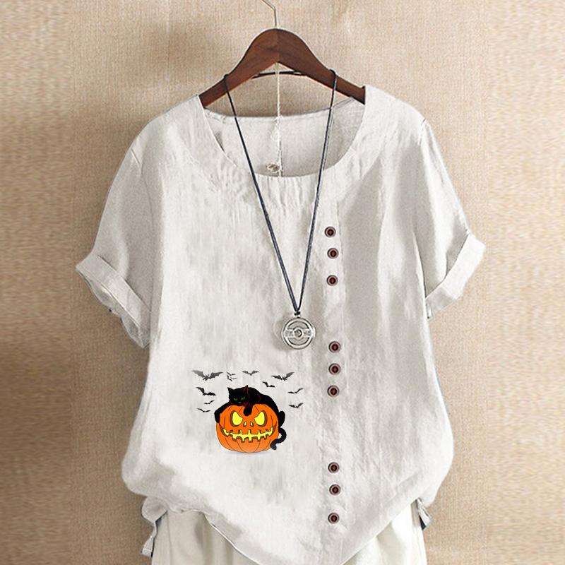 Women's Fashion Round Neck Short Sleeve T-shirt Casual Cotton Linen Graphic Shirt Leisure Loosepumpkin Lantern Prined Summer Blouse Tops