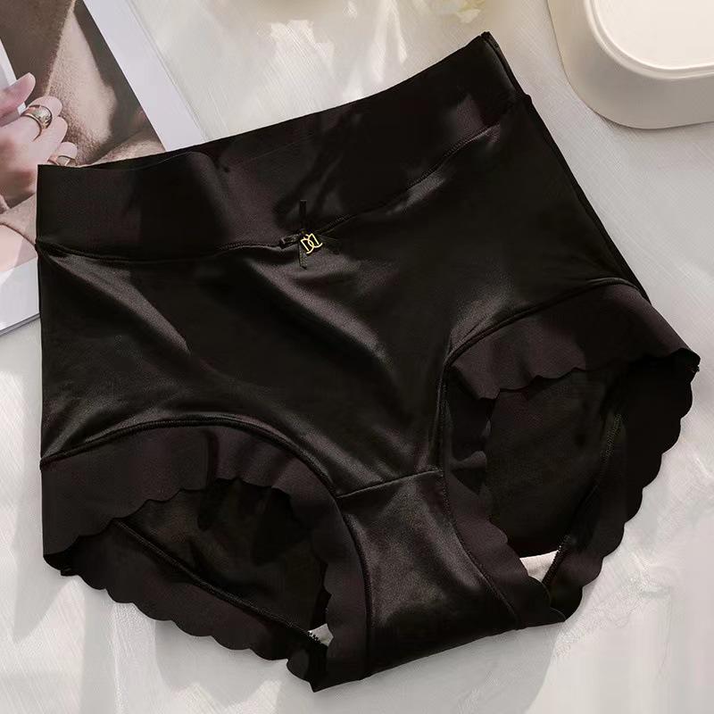 Douyin Trendy Women's High-Waisted Tummy Control Satin Seamless Silk Panties