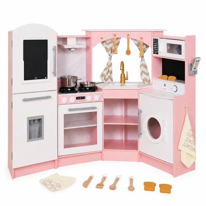Grande cuisine d'angle en bois pour enfant - GINGER HOME - W10C933J - Eau courante - Sons &amp; lumières - Réfrigérateur distributeur