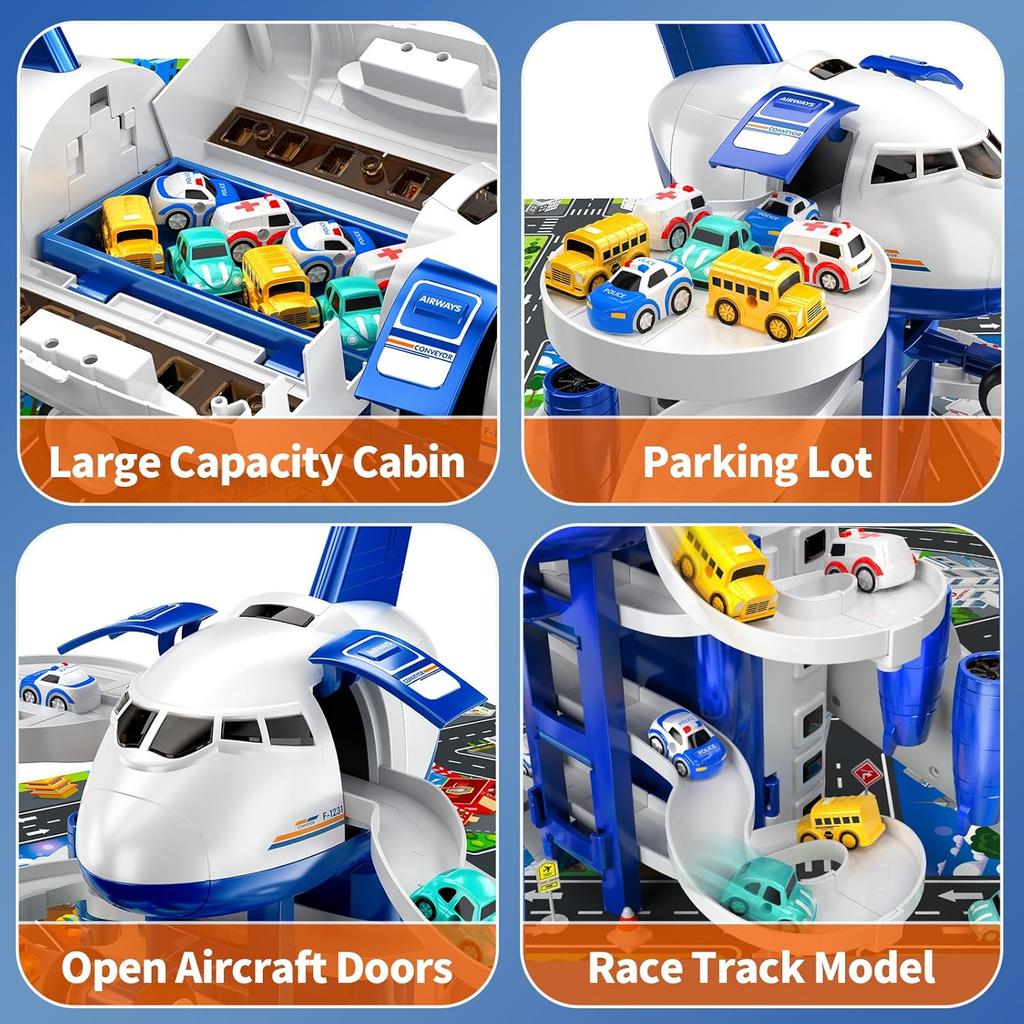 Kids Airplane Toy Racing Tracks Toy for Kids 3 4 5 6 7 Boys - Toy Airplane Small with 8 Car Toy, Garage Parking Lot, Car Carpet for Kids Playmat,